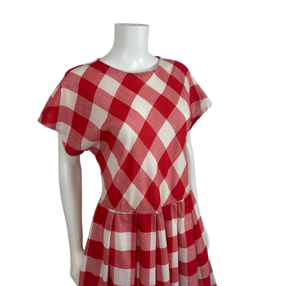 Vintage 80s Checkered Dress Womens Large Red White Picnic Gingham Fit And Flare - Picture 4 of 10